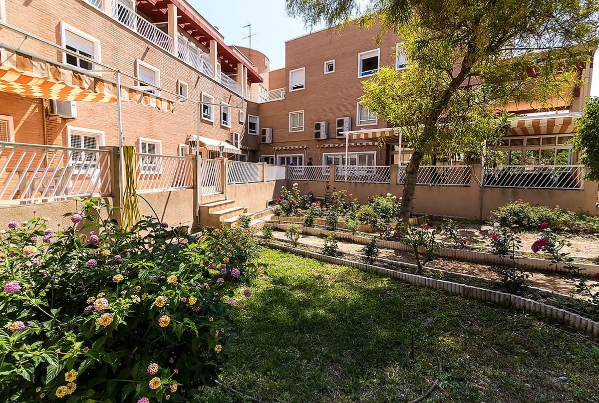 La imagen representa una zona exterior bien cuidada, probablemente un jardín o patio perteneciente al mismo edificio. Hay parterres elevados con varias flores y una pequeña zona de césped. El exterior del edificio es visible al fondo, de ladrillo de color claro con barandillas blancas en los balcones y varios toldos. Un árbol grande y frondoso está en el lado derecho de la imagen.