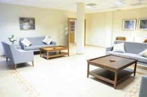 Sala de fisioterapia con un residente recibiendo tratamiento de un fisioterapeuta, con equipos de rehabilitación al fondo.
