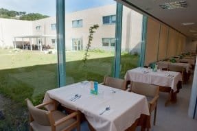 Comedor de la residencia con mesas preparadas para el servicio y un gran ventanal que ofrece vistas a un jardín exterior con césped