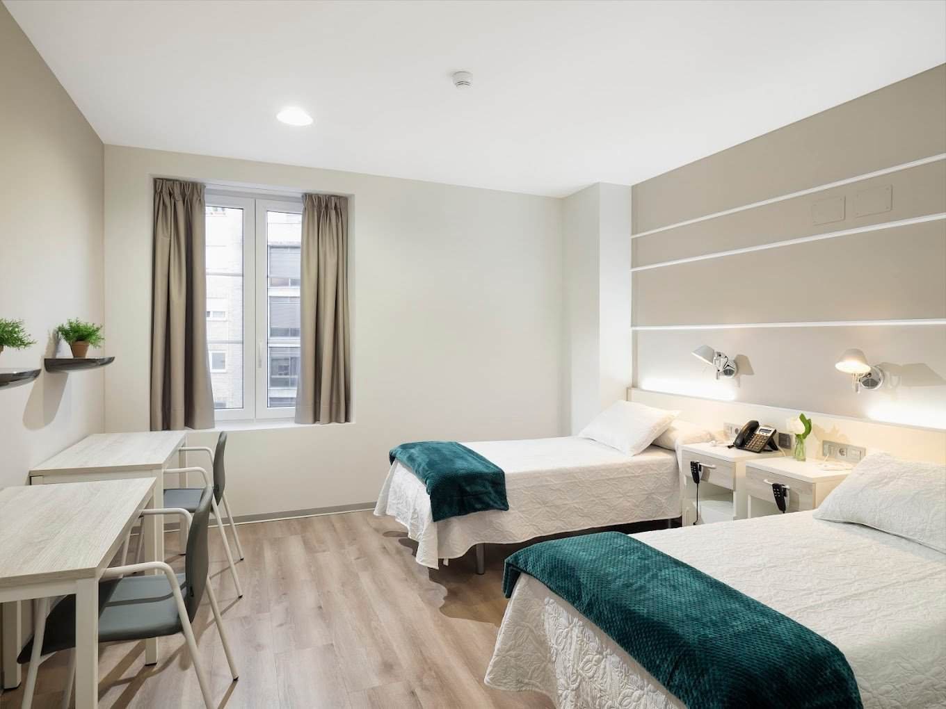 Una habitación doble luminosa y moderna con suelo de madera clara, dos camas individuales con mantas de color verde azulado, dos escritorios con sillas grises y una ventana con cortinas claras. Hay plantas pequeñas como decoración.