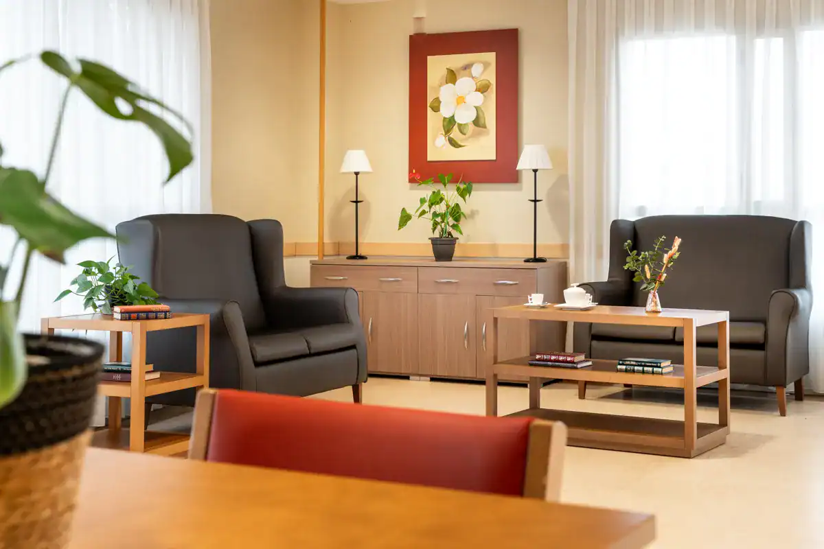 Un salón de estar luminoso y moderno con dos sillones de cuero oscuro, una cómoda de madera clara con dos lámparas de mesa, una mesa de centro de madera con libros y una planta, y un cuadro de una flor en la pared. Se ve una planta grande en primer plano.
